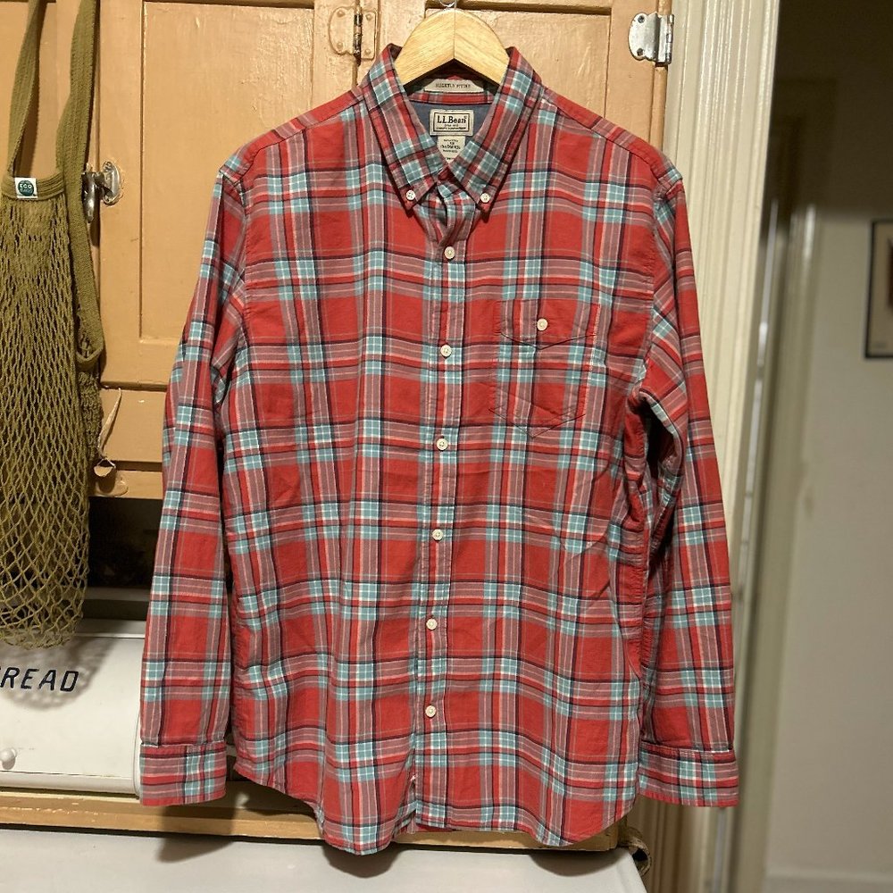 LL. Bean Plaid - Slightly Fitted  Button Down- Warm Coral/Blue
